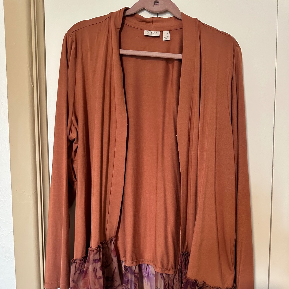 LOGO by Lori Goldstein Soft Knit Chiffon Trimmed Cardigan XL QVC